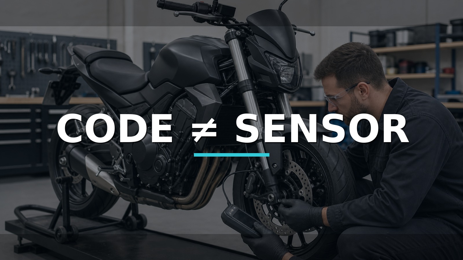 Code ≠ Sensor — conceptual diagnosis scene