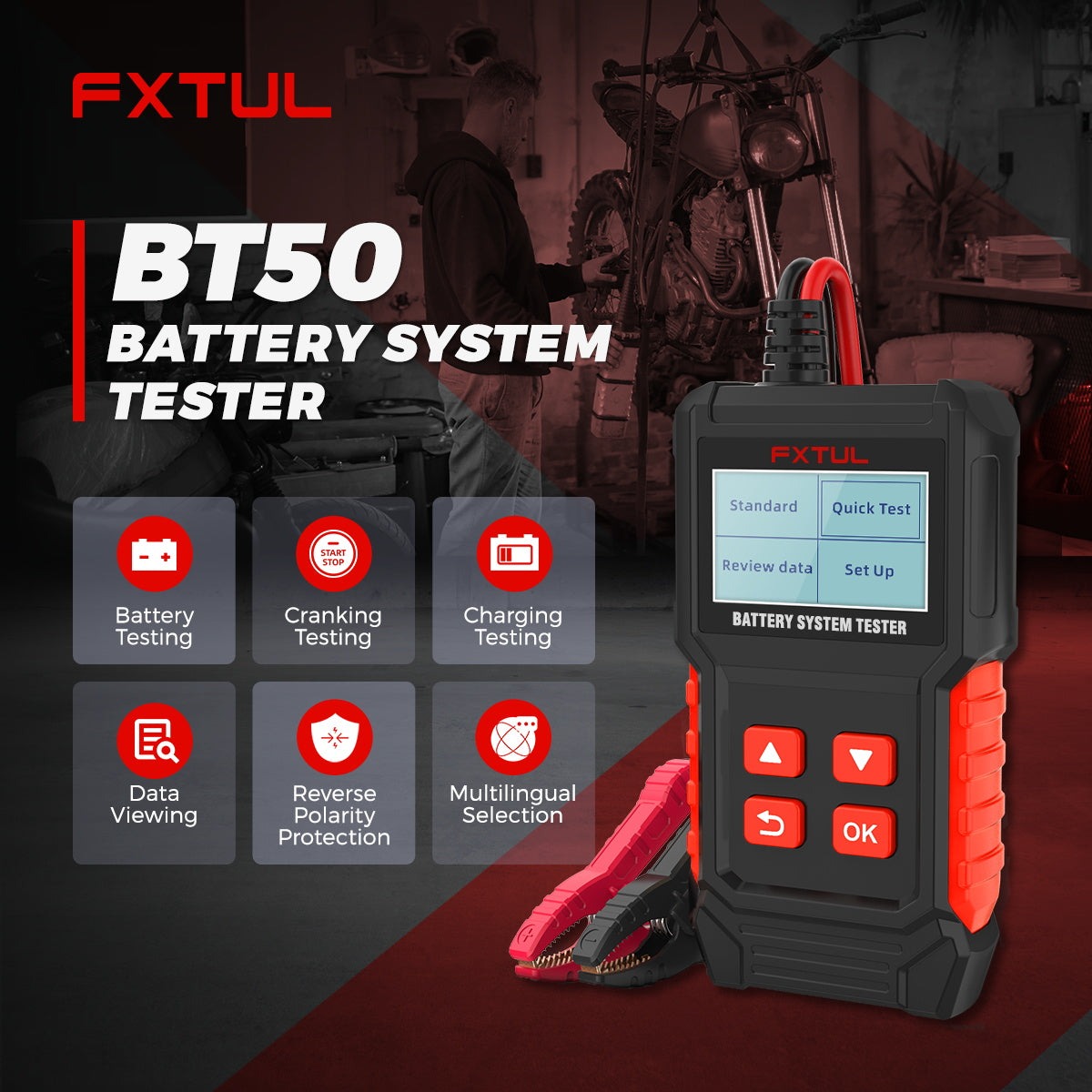 Exact first-party product or workflow view of FXTUL BT50 motorcycle battery tester