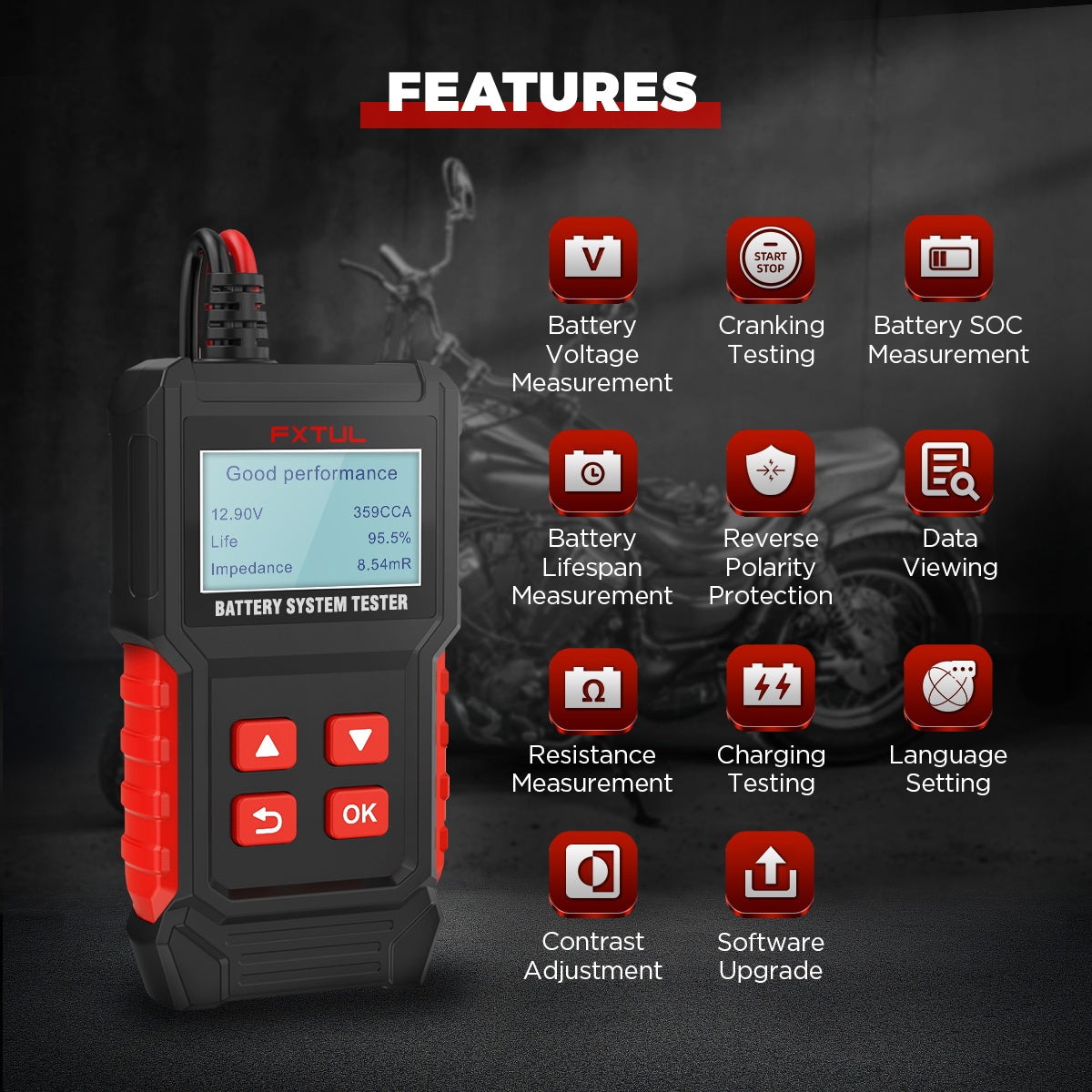 Second exact first-party product or workflow view of FXTUL BT50 motorcycle battery tester