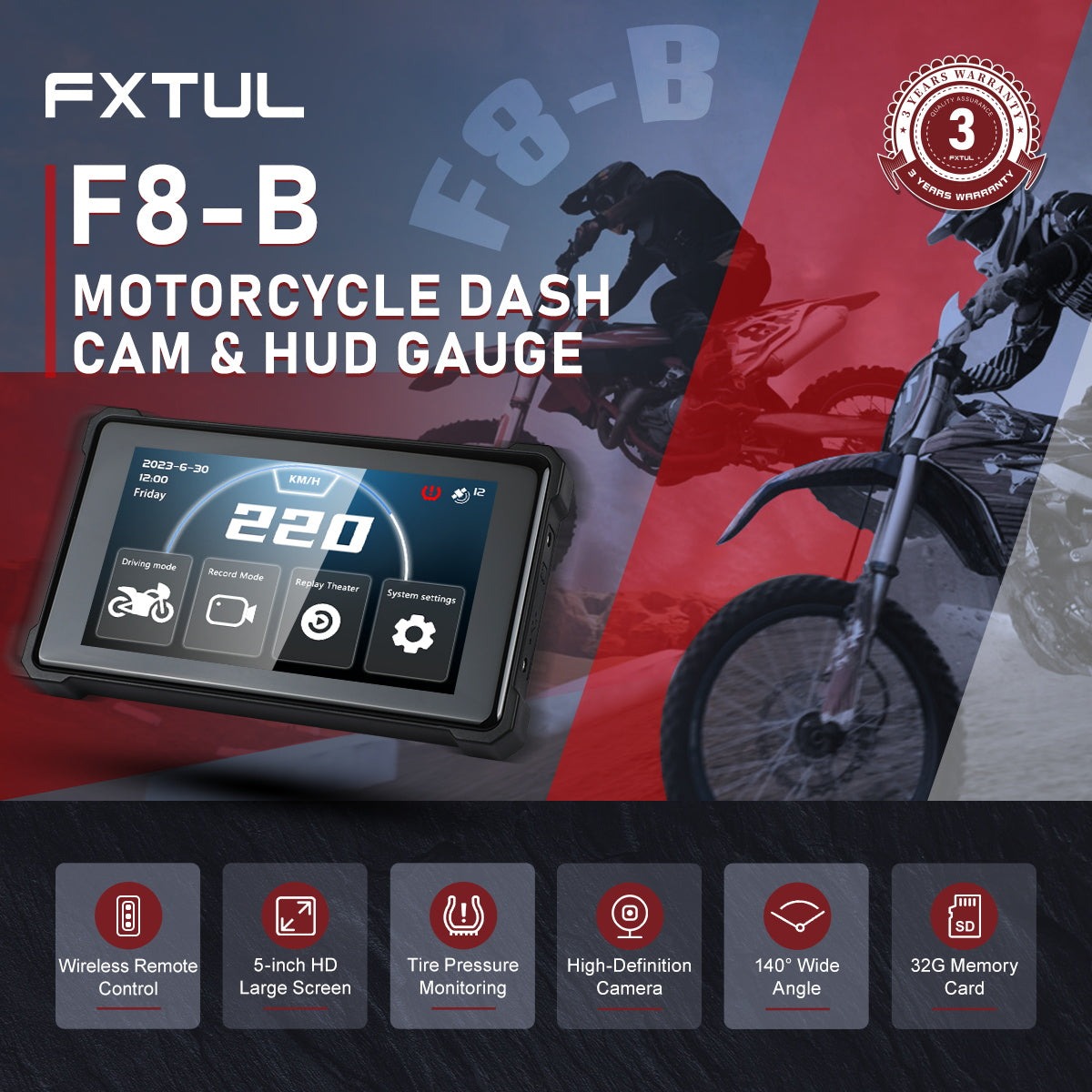 Exact first-party product or workflow view of FXTUL F8-B motorcycle dash cam and HUD gauge