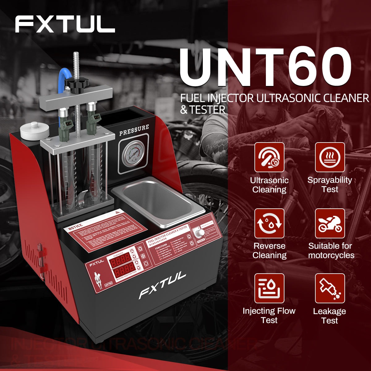 Exact first-party product or workflow view of FXTUL UNT60 motorcycle injector cleaner tester