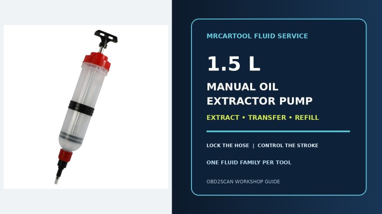 MRCARTOOL manual oil extractor beside a large 1.5 L operation-guide title.