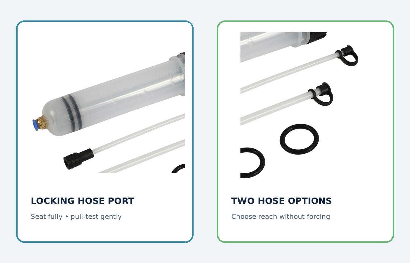 Derived detail from the exact official kit image showing the locking syringe port and the two supplied hose options.