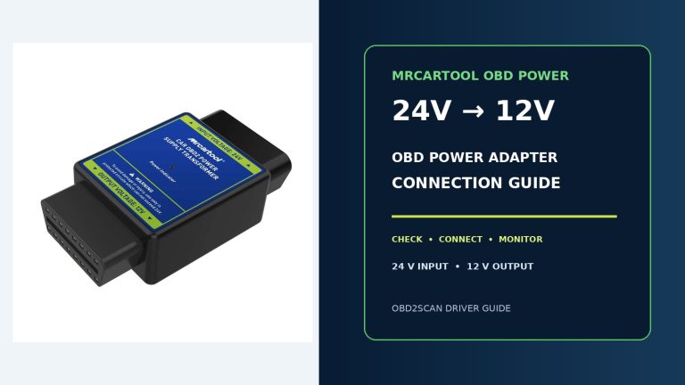 MRCARTOOL 24V-to-12V OBD power adapter beside a large connection-guide title.