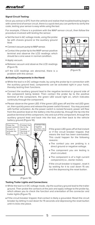 B530 manual component-activation page showing the auxiliary ground lead, probe and overload decision points.