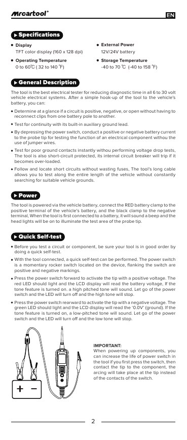 B530 manual page showing 12/24 V battery power, battery-clamp connection and the positive/negative self-test.