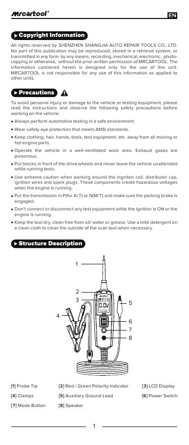 B530 manual structure page identifying probe tip, polarity LEDs, LCD, clamps, auxiliary ground, power rocker, Mode button and speaker.