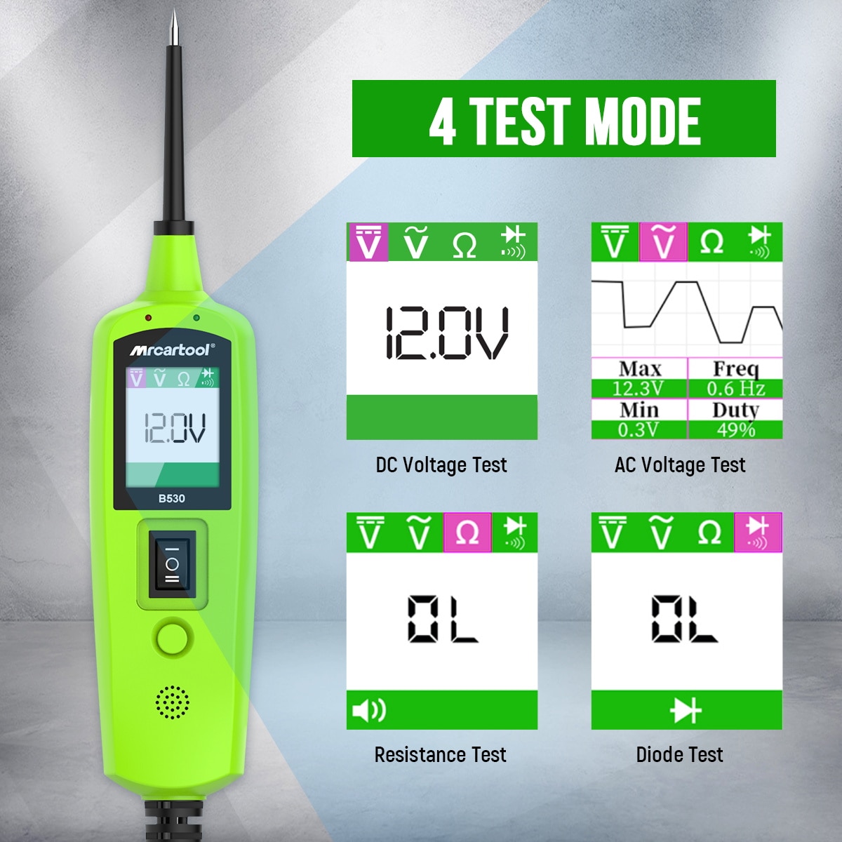 Official B530 four-mode graphic showing DC voltage, AC voltage, resistance and diode/interface screens.