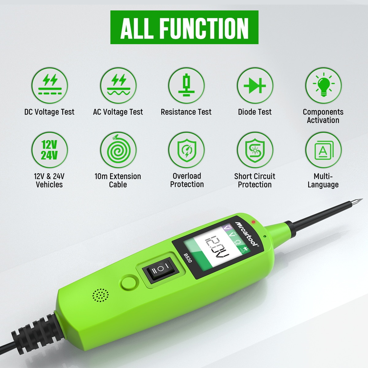 Official MRCARTOOL B530 function overview covering DC and AC voltage, resistance, diode/component activation, long cable and overload protection.