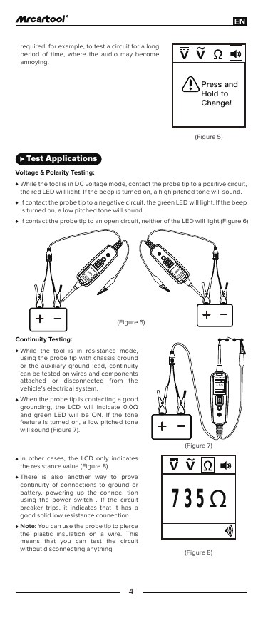 B530 manual application page showing positive, negative and open-circuit indications plus resistance/continuity displays.