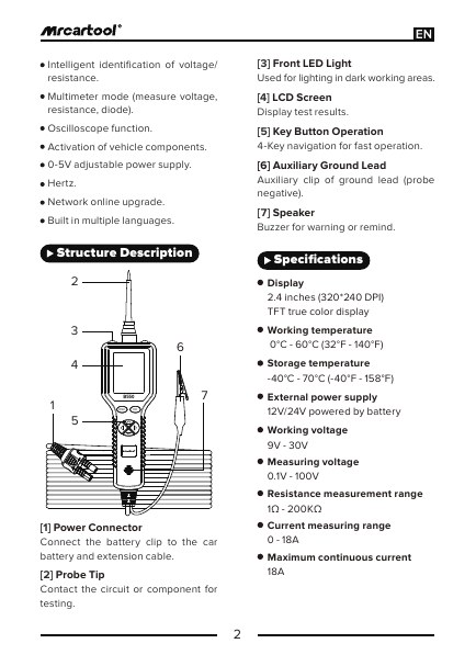 B550 manual structure and specification page identifying the probe, display, navigation keys, auxiliary ground and battery power lead.