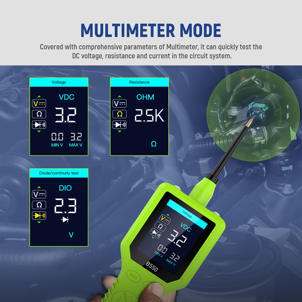 Official B550 multimeter graphic showing VDC, resistance and diode/continuity interfaces.