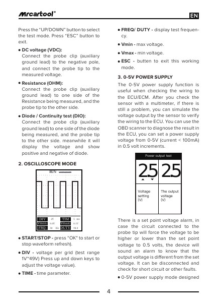B550 manual page showing multimeter connections, oscilloscope controls and the beginning of the 0–5 V supply mode.
