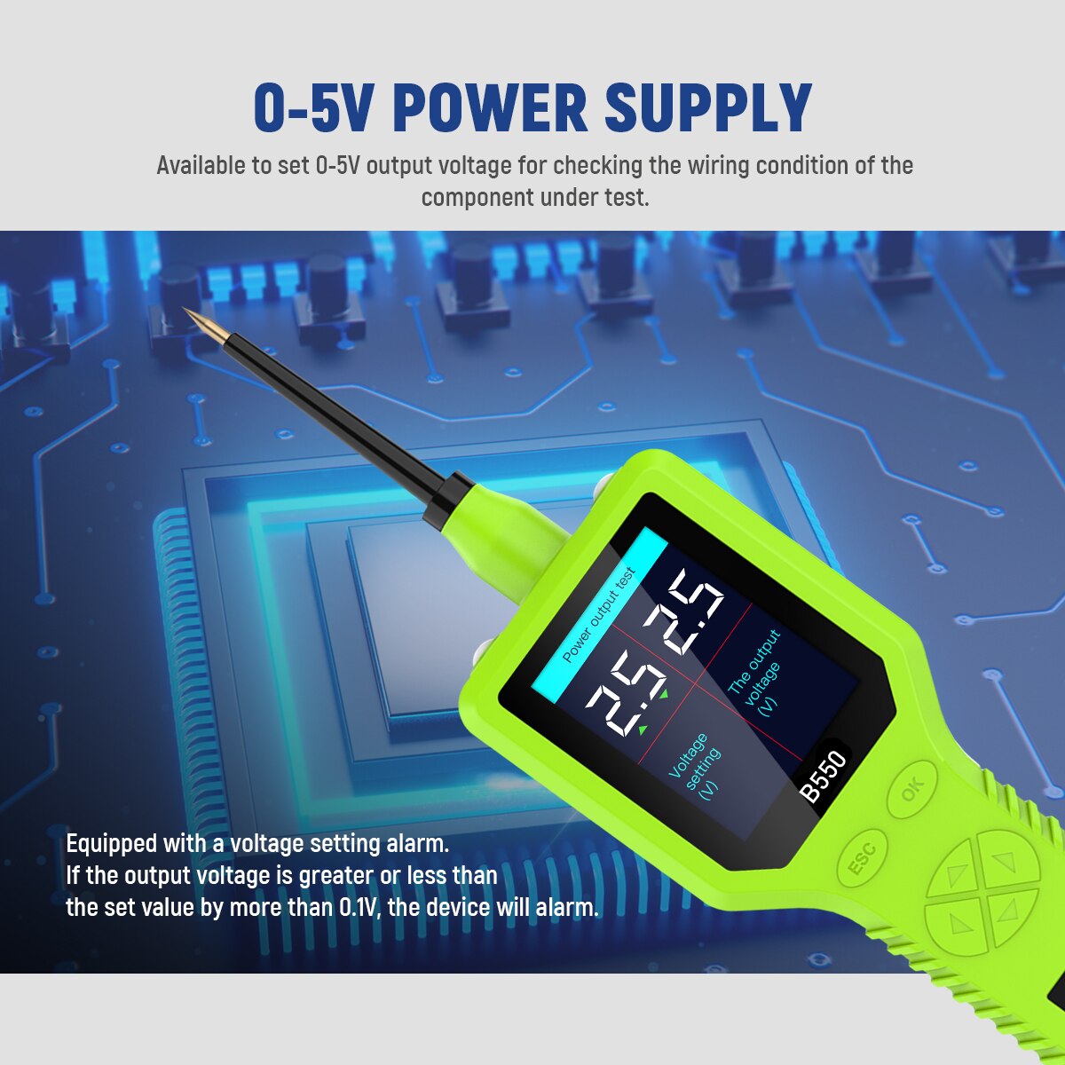 Official B550 0–5 V power-supply graphic showing the set voltage, measured output and voltage-difference alarm.