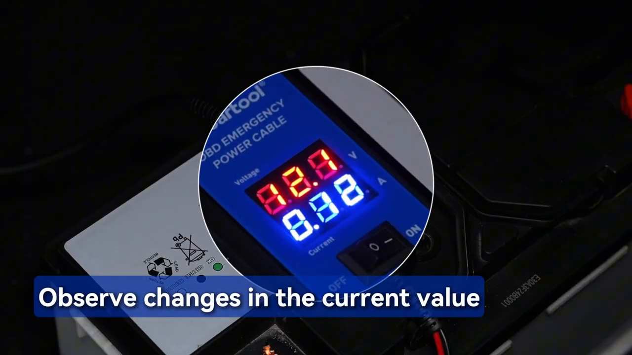 Official B80 tutorial close-up showing the current value changing while the vehicle is supported.