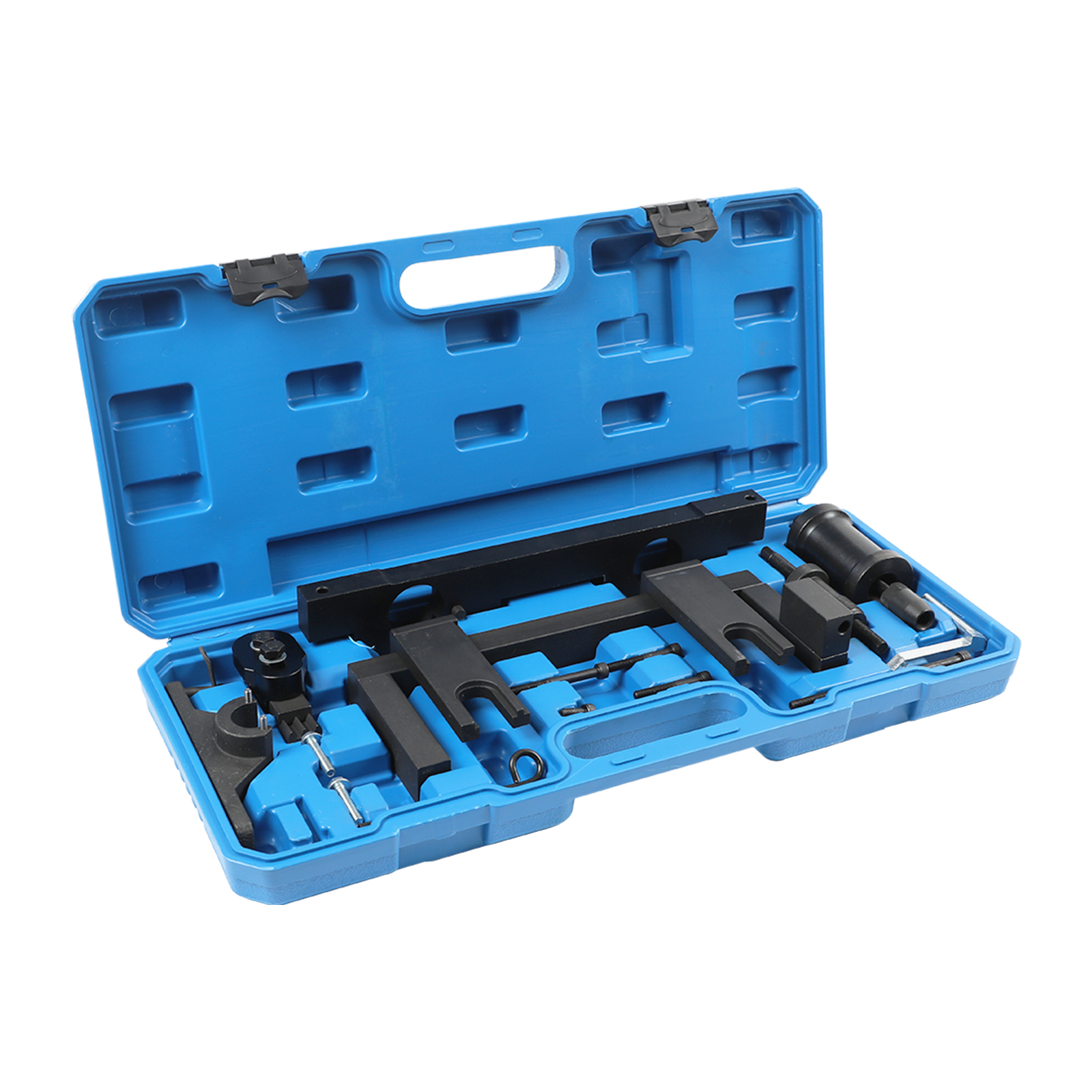Second official angle of the BMW N20/N26 timing tool kit, showing the relative shapes and storage positions of its fixtures.