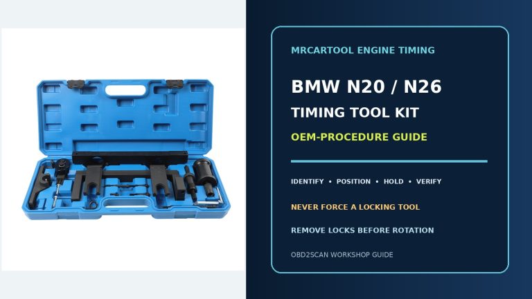 Official kit beside a large BMW N20/N26 timing tool kit OEM-procedure guide title.