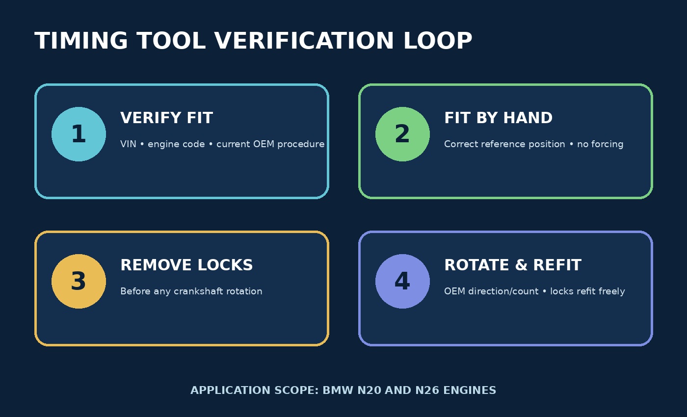 Verification diagram for matching the engine, fitting locks without force, removing them before rotation and refitting after the hand-rotation check.