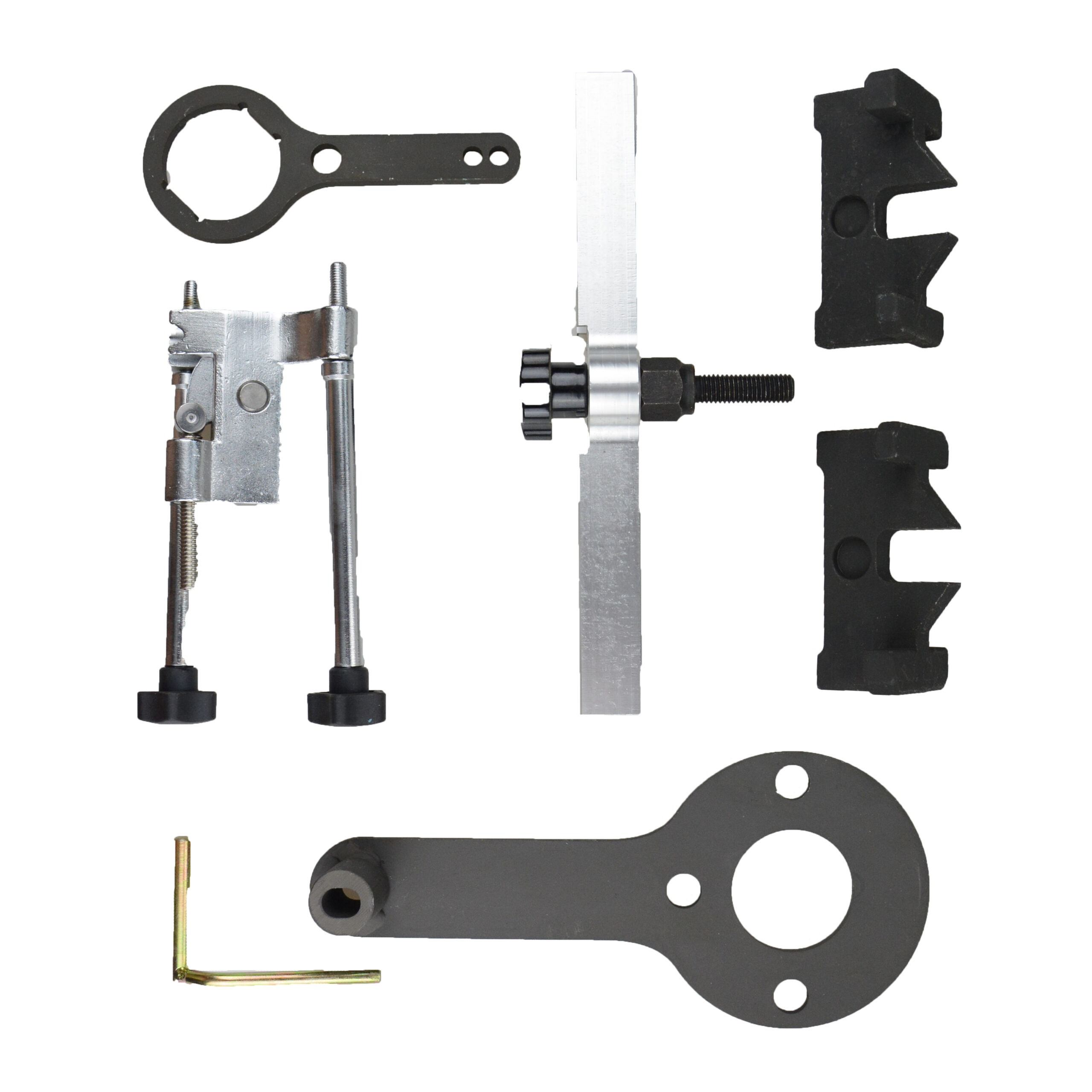 Second official angle of the BMW N63/N74 timing tool kit, showing the relative shapes and storage positions of its fixtures.