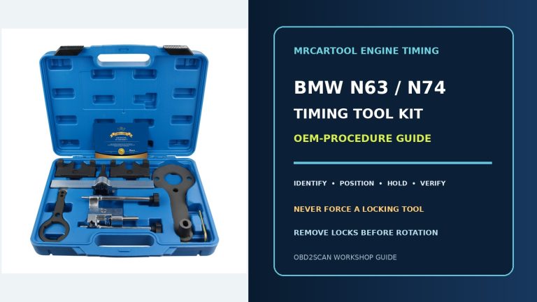 Official kit beside a large BMW N63/N74 timing tool kit OEM-procedure guide title.