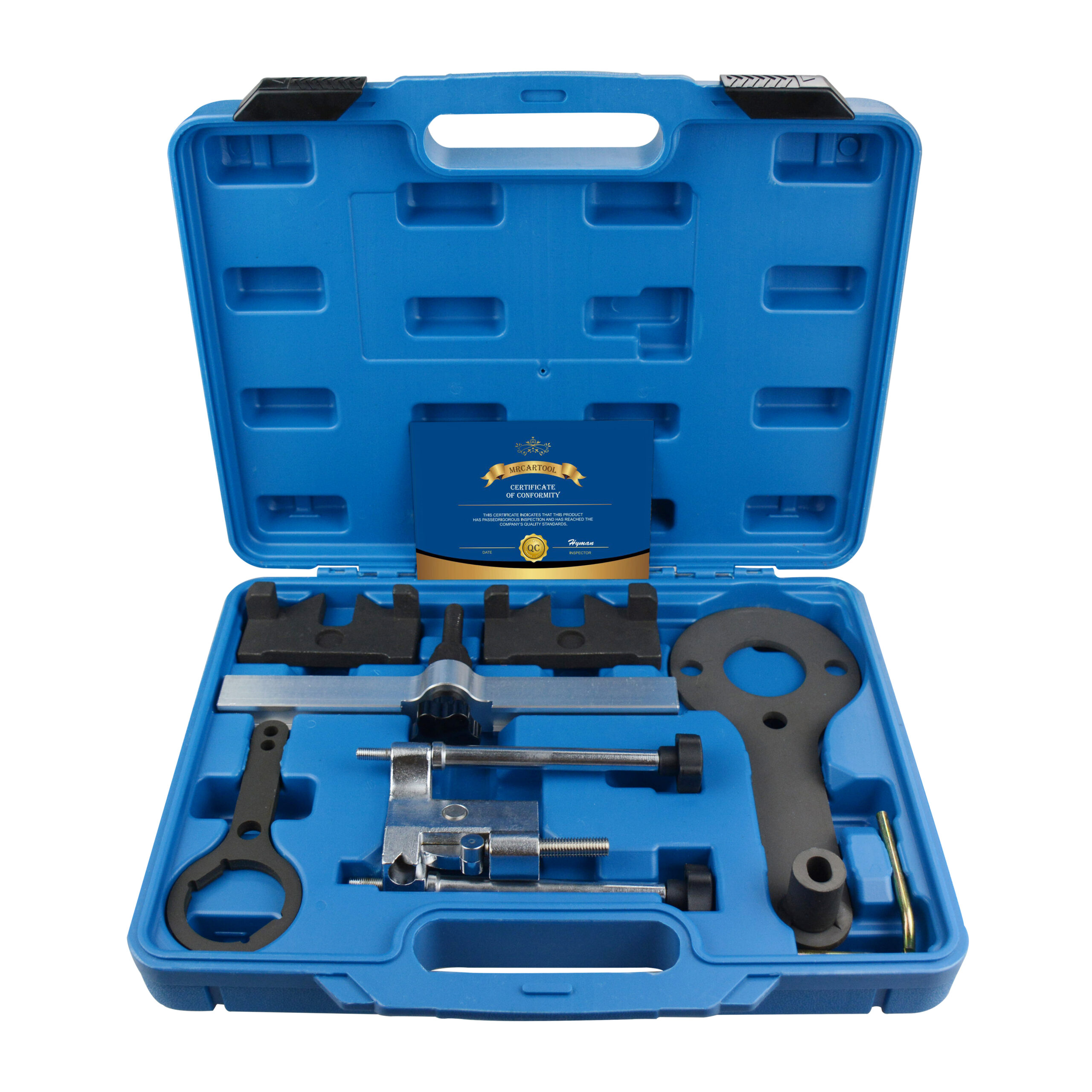 Official MRCARTOOL overview of the complete BMW N63/N74 timing tool kit in its molded case.