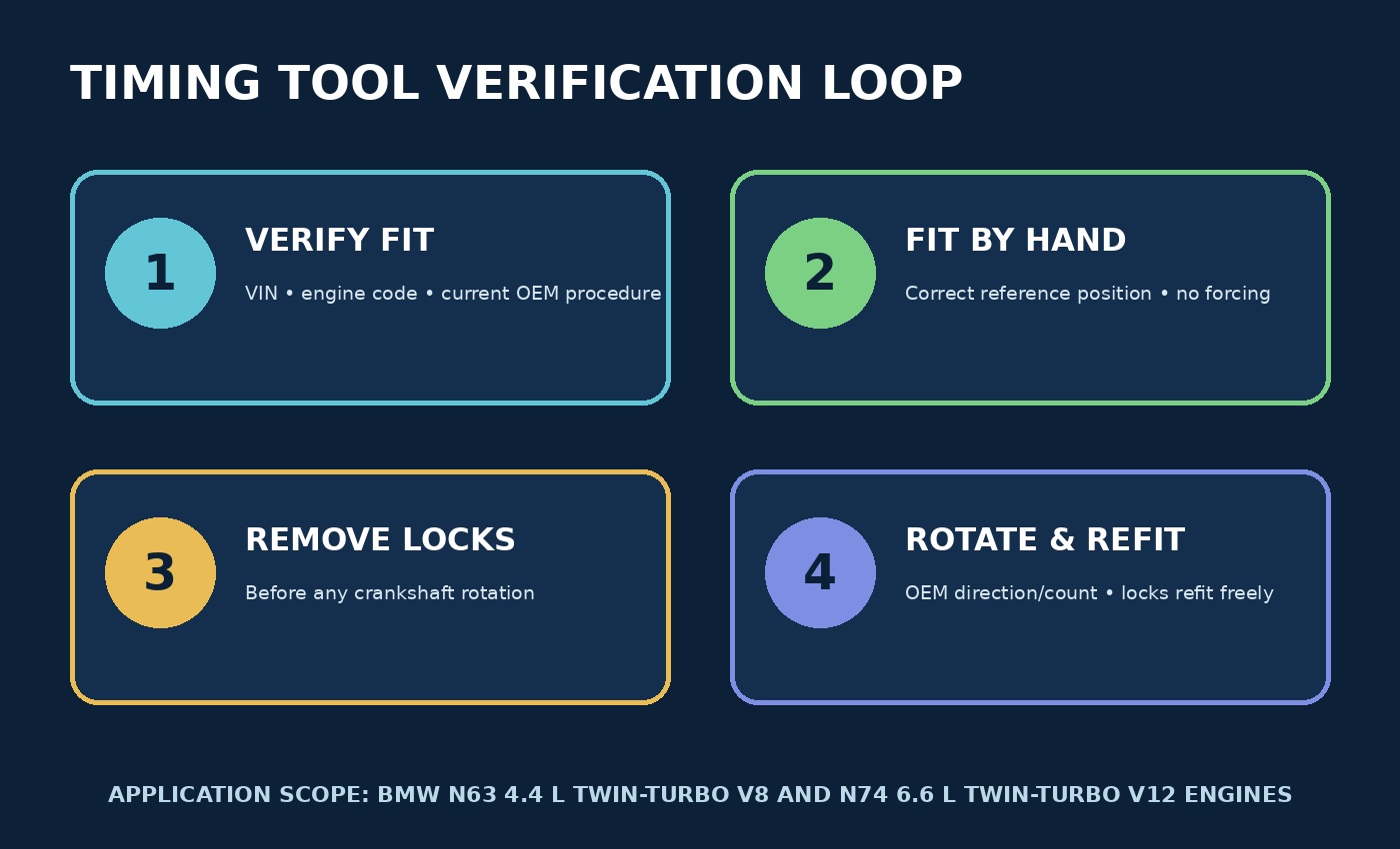 Verification diagram for matching the engine, fitting locks without force, removing them before rotation and refitting after the hand-rotation check.