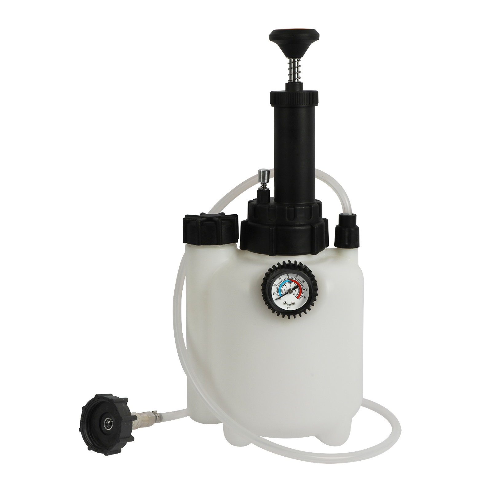 MRCARTOOL hand-pump brake bleeder with hose connected to a reservoir-style adapter.