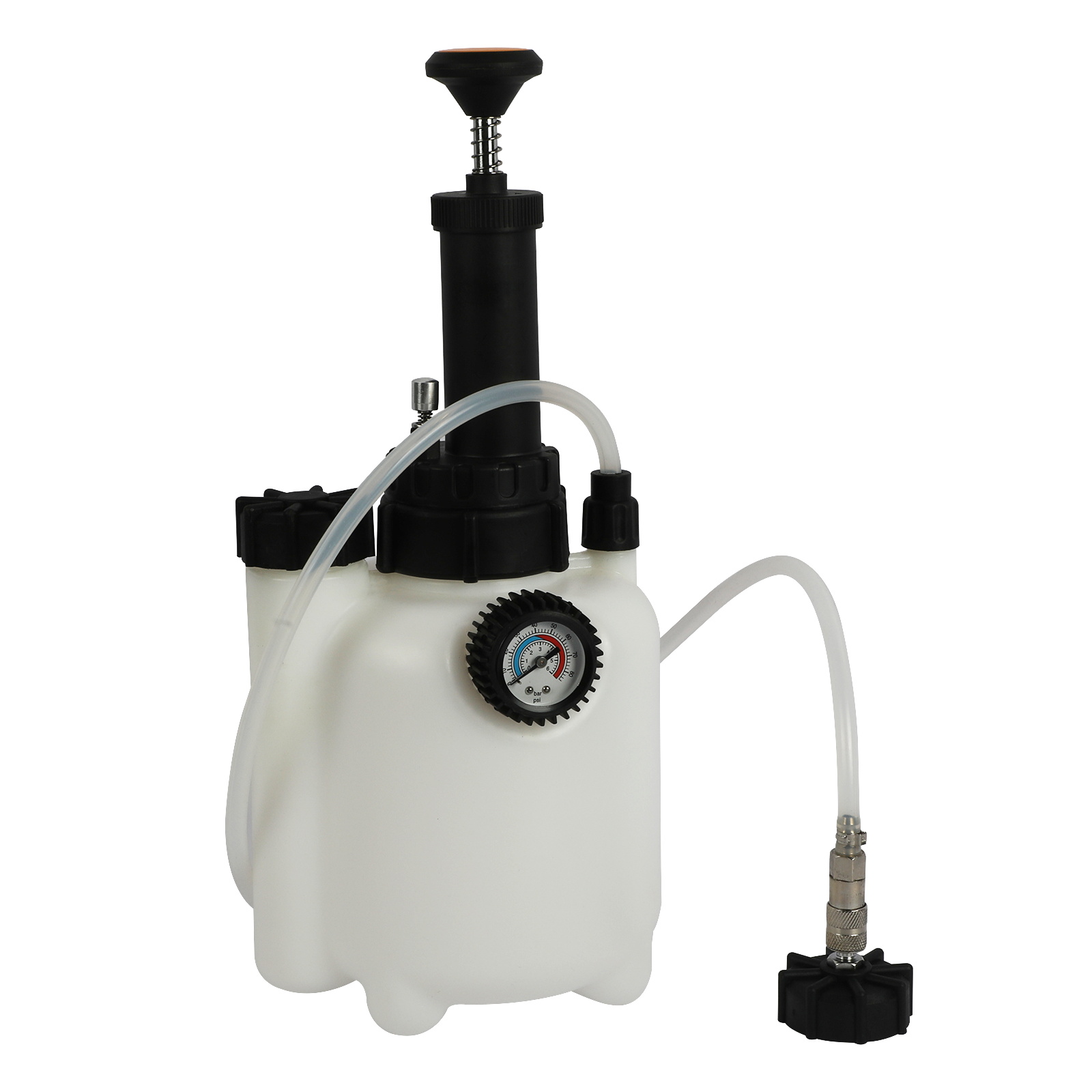 Assembled MRCARTOOL brake fluid bleeder pressure vessel with hand pump, gauge, relief fittings, hose and reservoir adapter.
