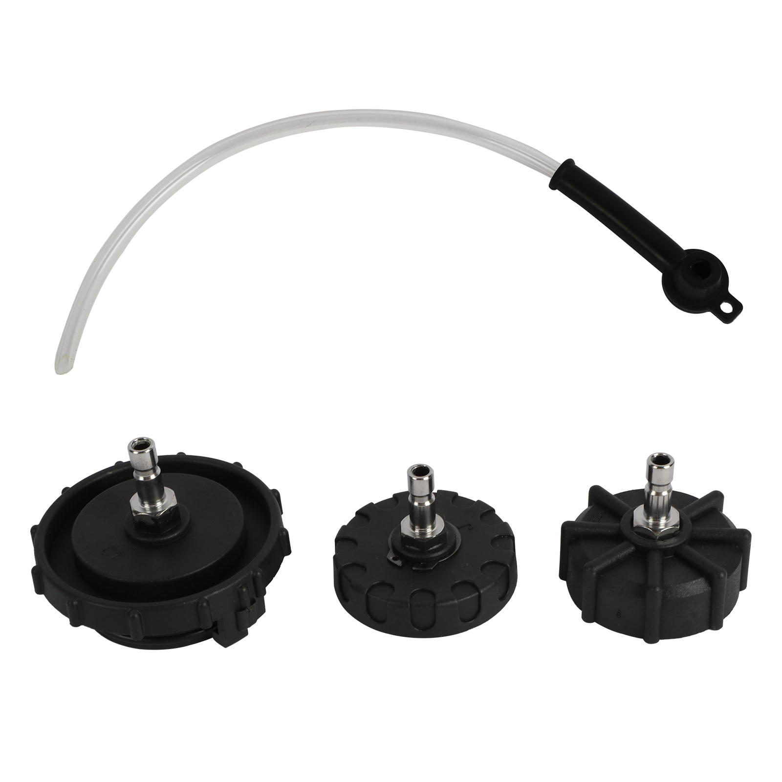 MRCARTOOL brake bleeder adapter set with clear collection hose and black bleed-point fitting.