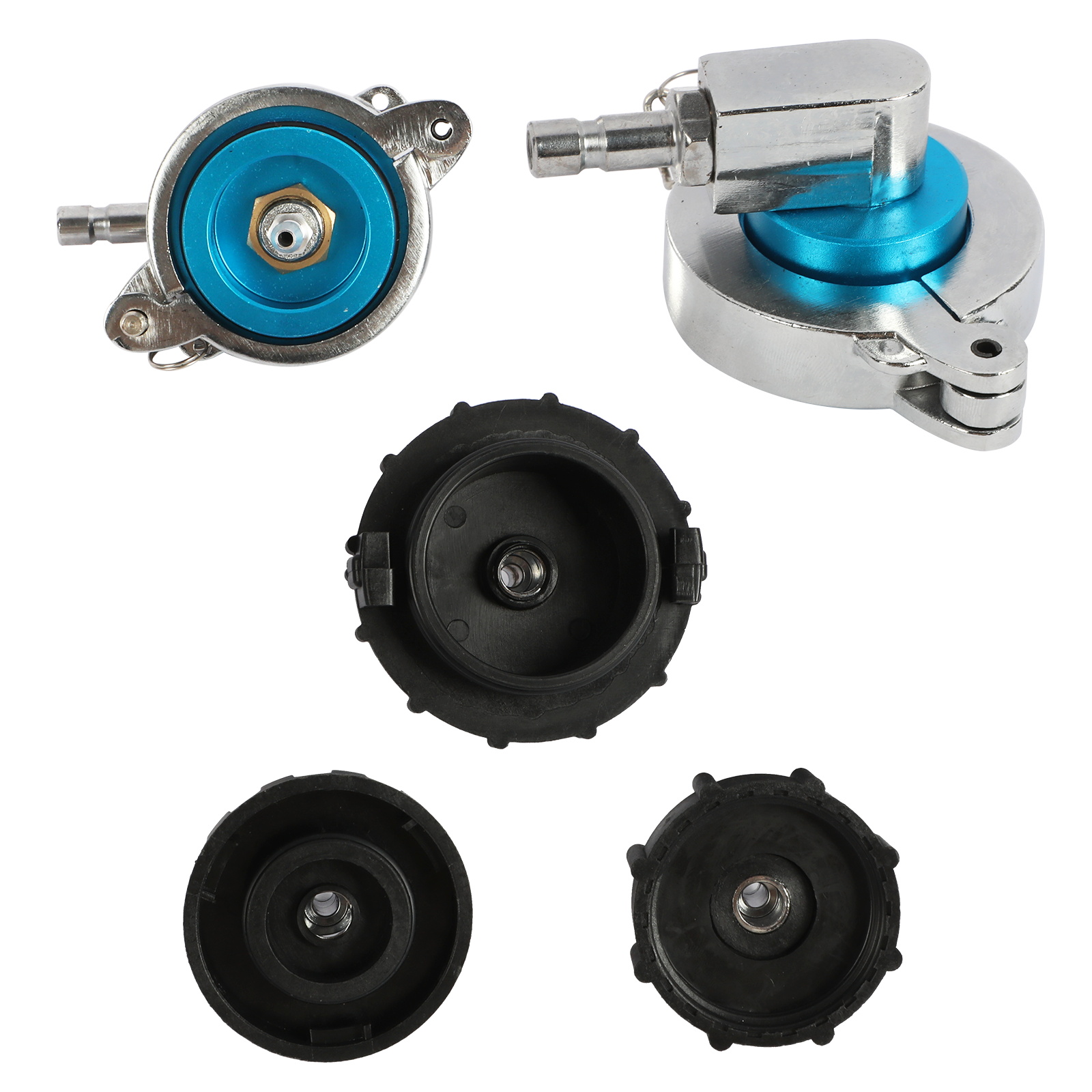 Round and bayonet-style MRCARTOOL reservoir adapters supplied with the manual pressure bleeder.