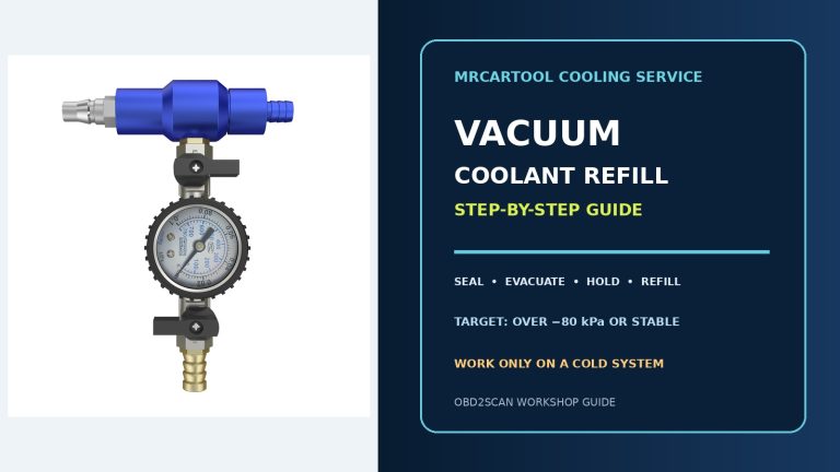 MRCARTOOL coolant refill tool beside a large vacuum-refill guide title.