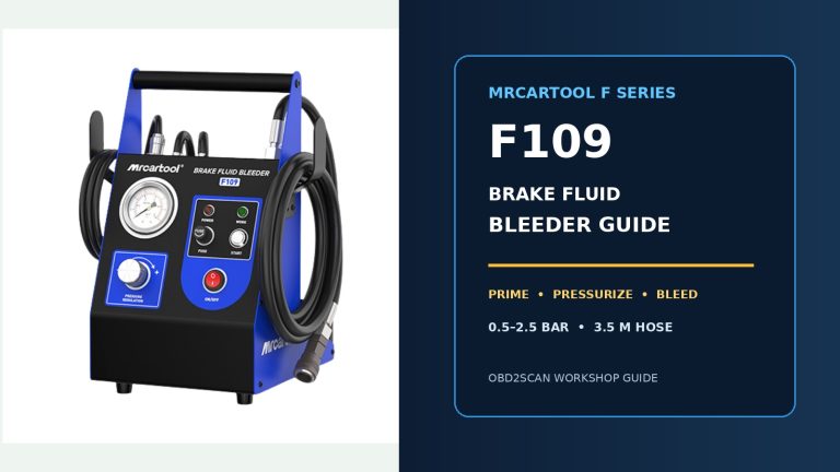 MRCARTOOL F109 brake fluid bleeder beside a large illustrated operating-guide title.