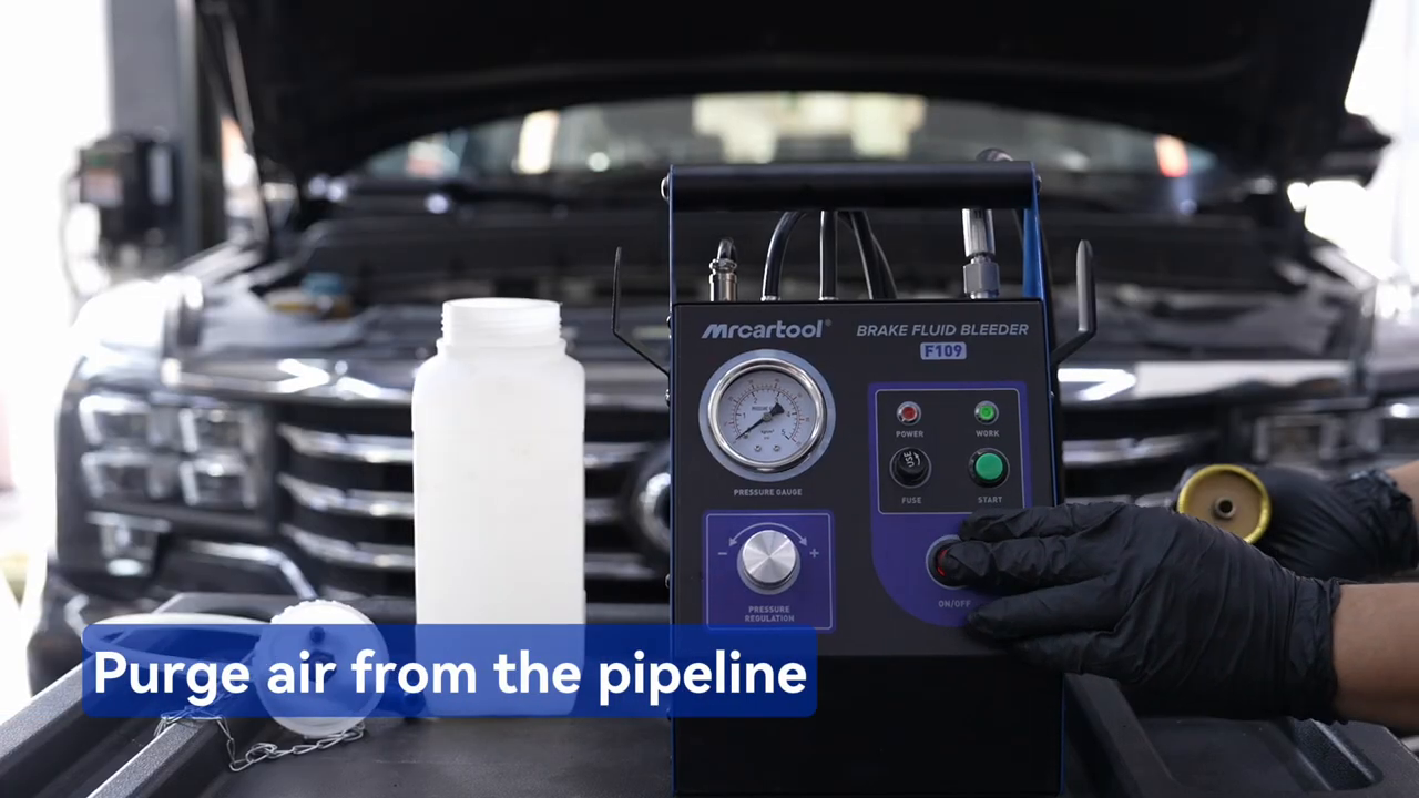 Official F109 tutorial frame showing the filling line and adapter purged into a separate bottle.