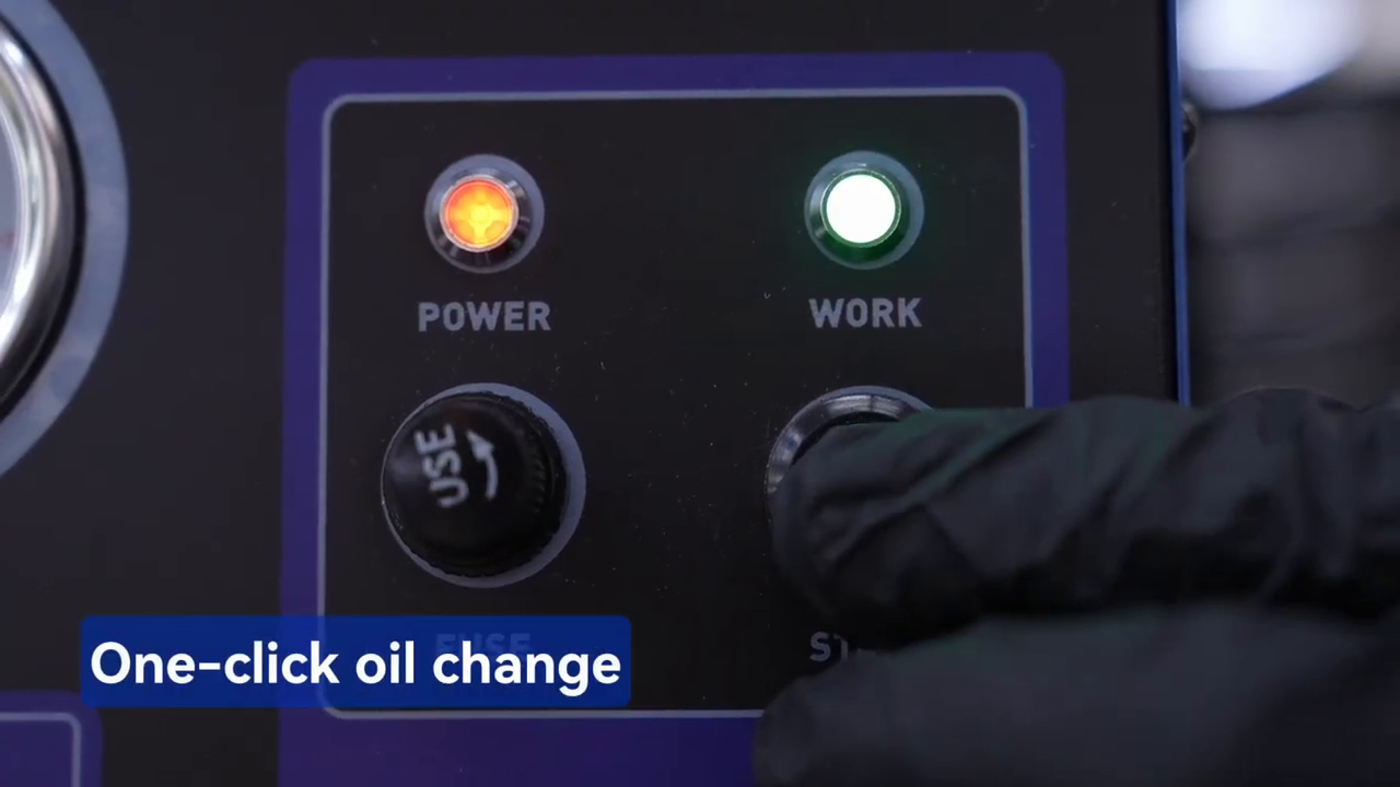 Official F109 tutorial close-up of the illuminated Power and Work indicators and red Start button.
