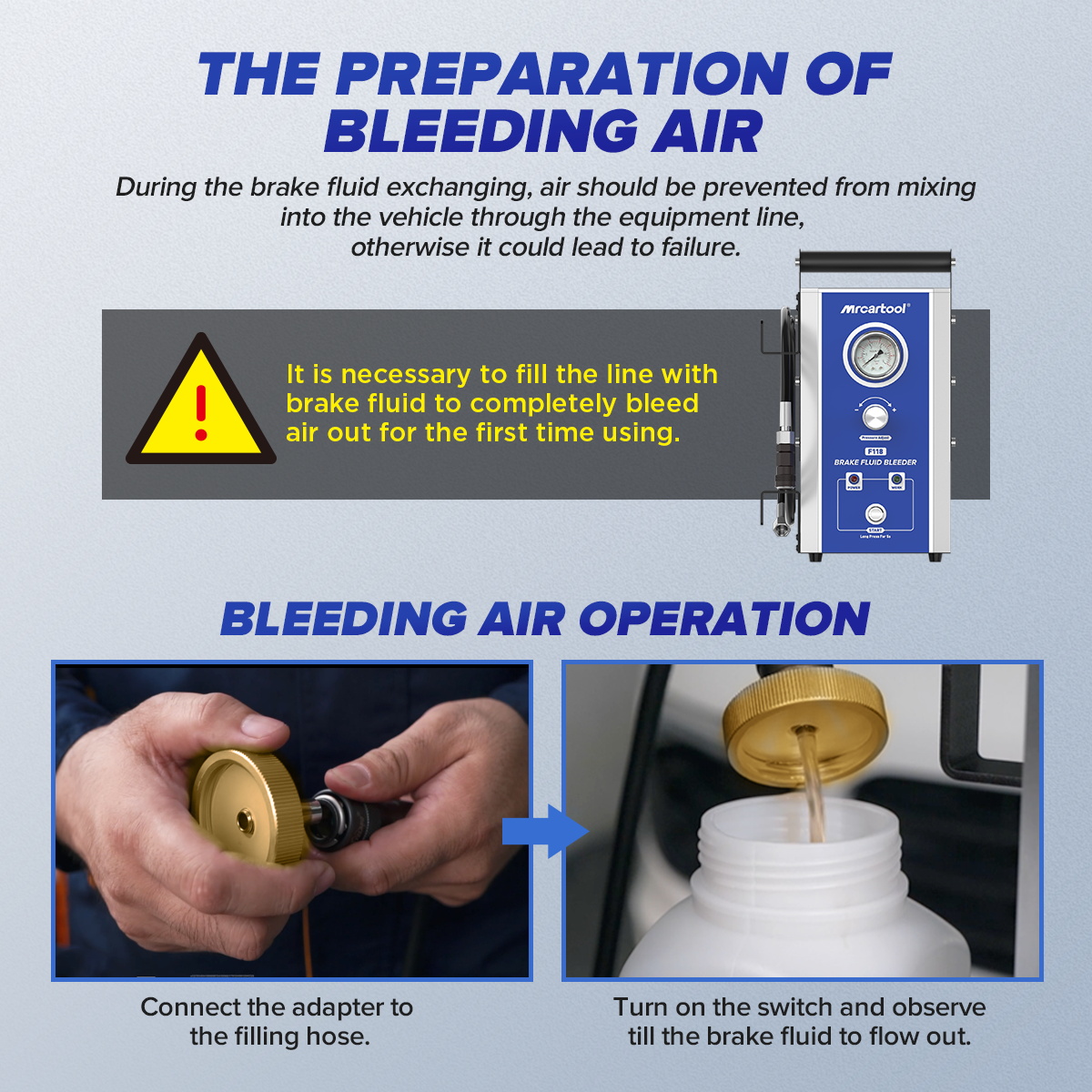 Official F118 air-preparation graphic showing the adapter directed into a bottle and the bubble-free priming endpoint.