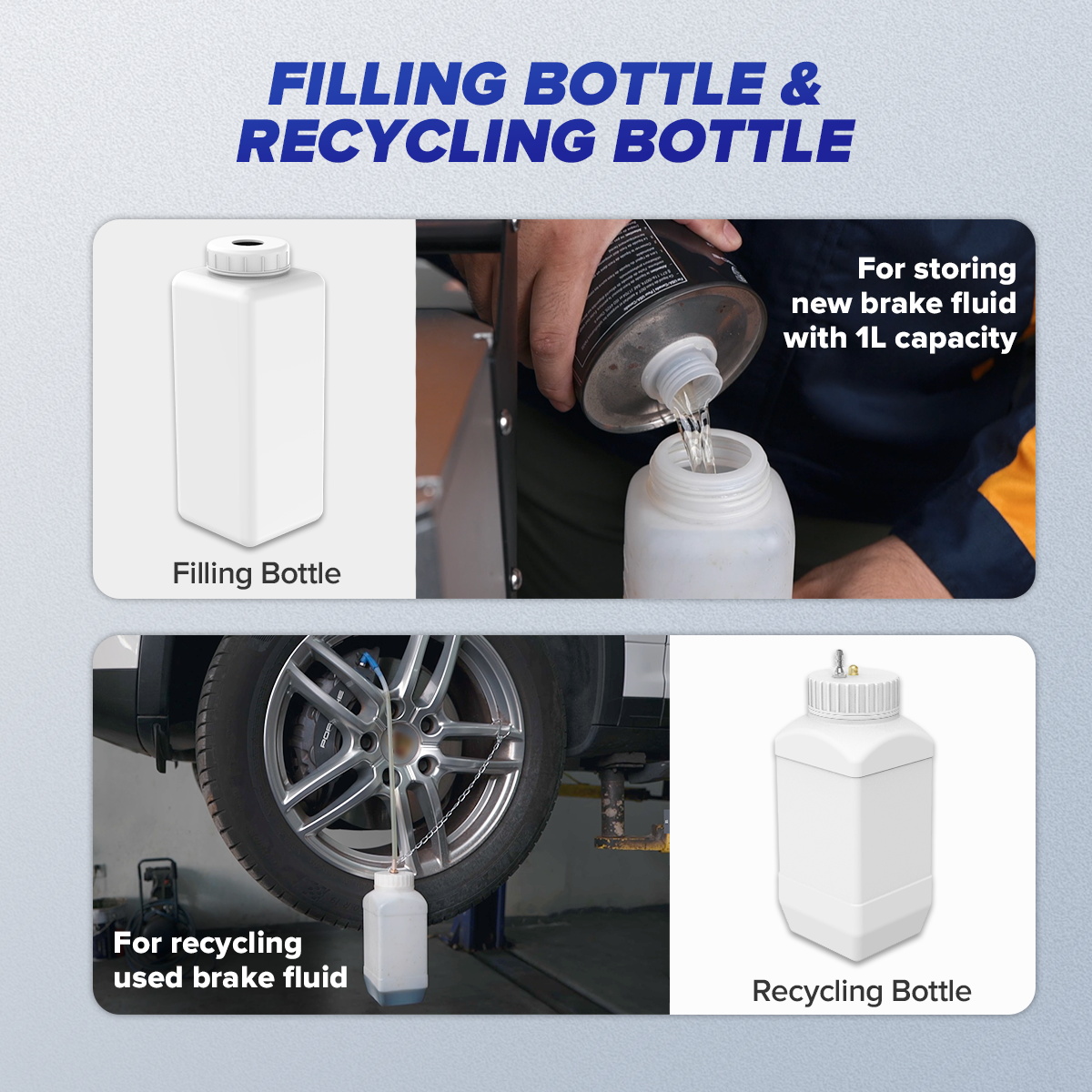 Official F118 bottle graphic distinguishing the fresh-fluid filling bottle from the wheel-side recycling bottle.