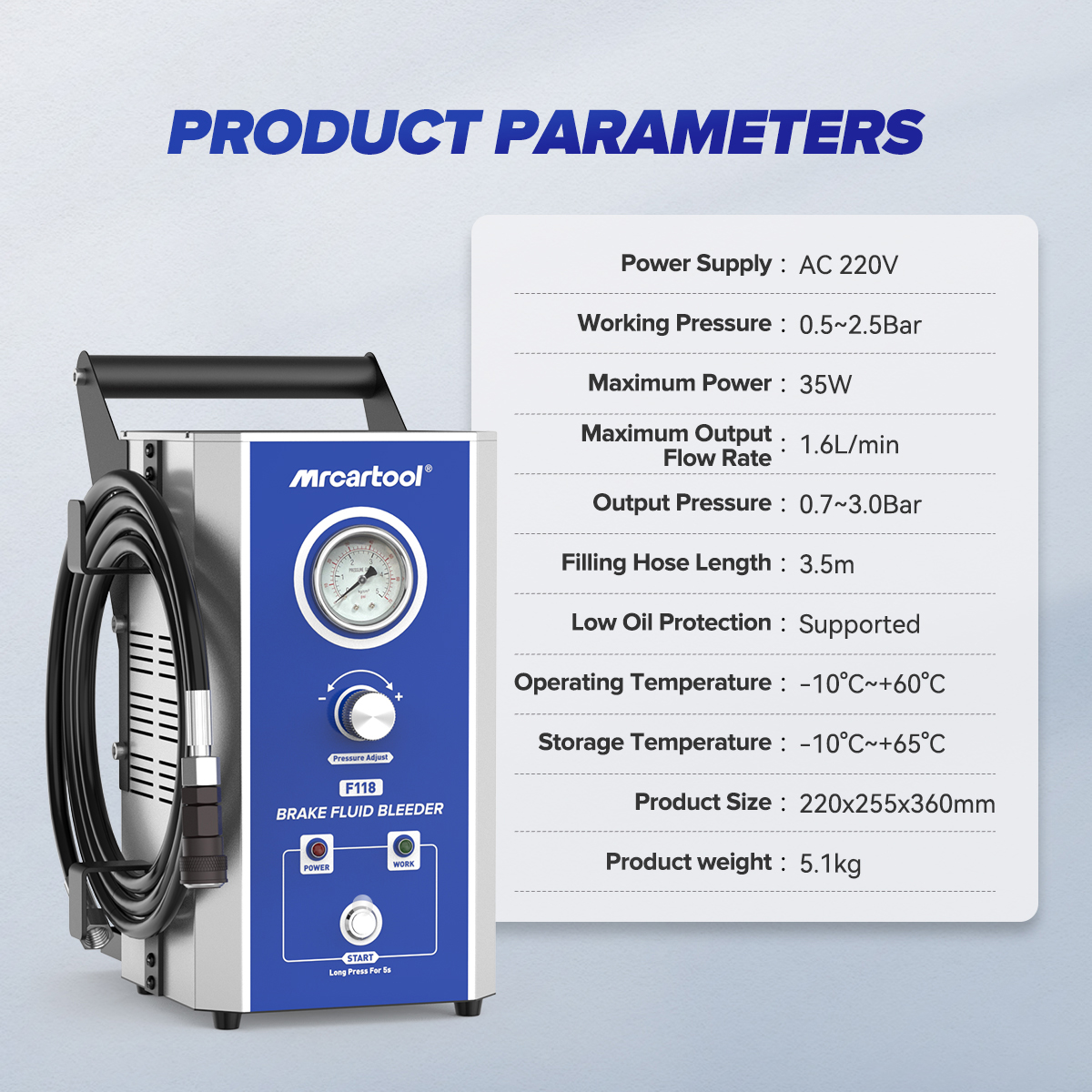 Official F118 product-parameter graphic with operating pressure, flow, power and hose-length callouts.