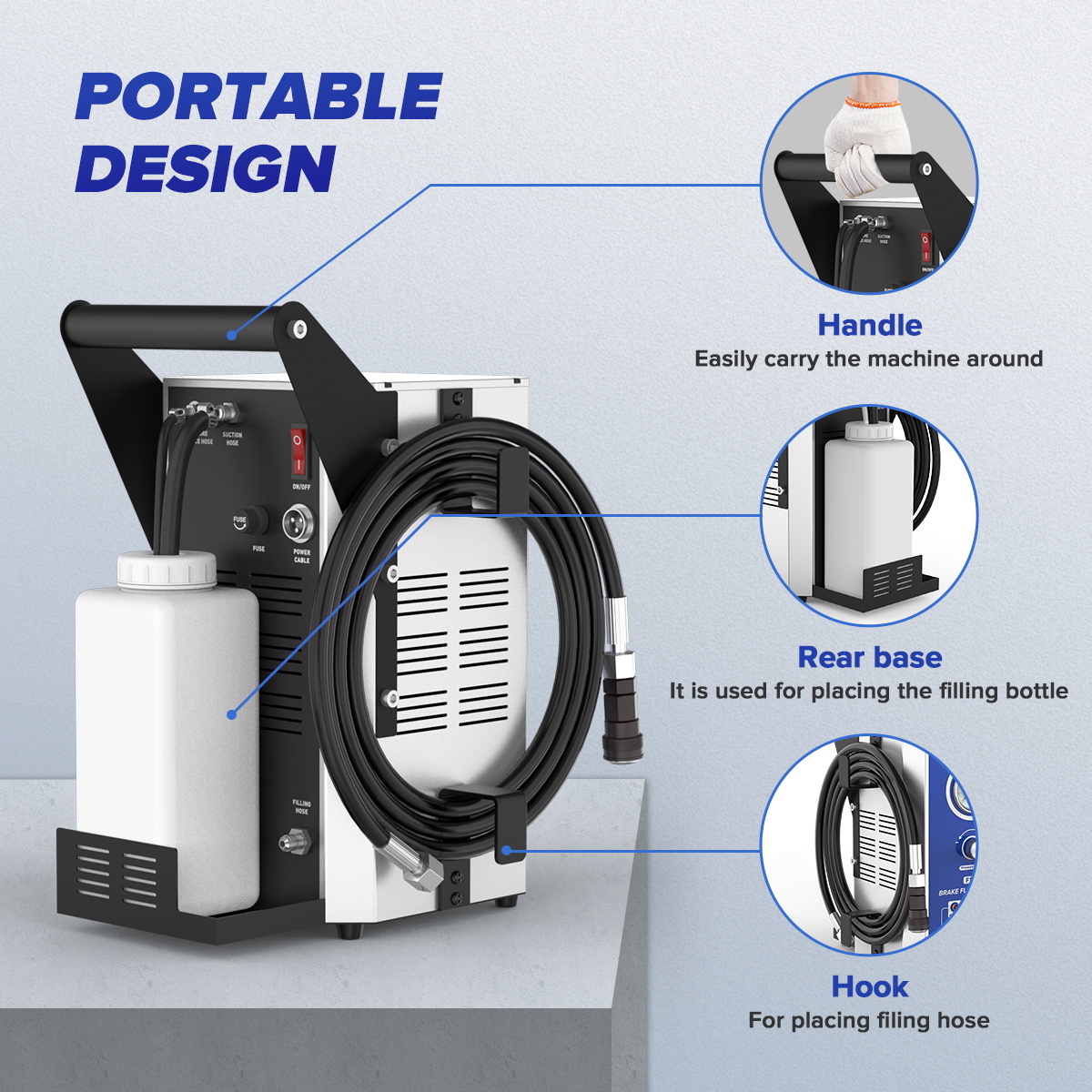 Official F118 specification graphic showing the portable handle, rear bottle base and filling-hose storage hook.