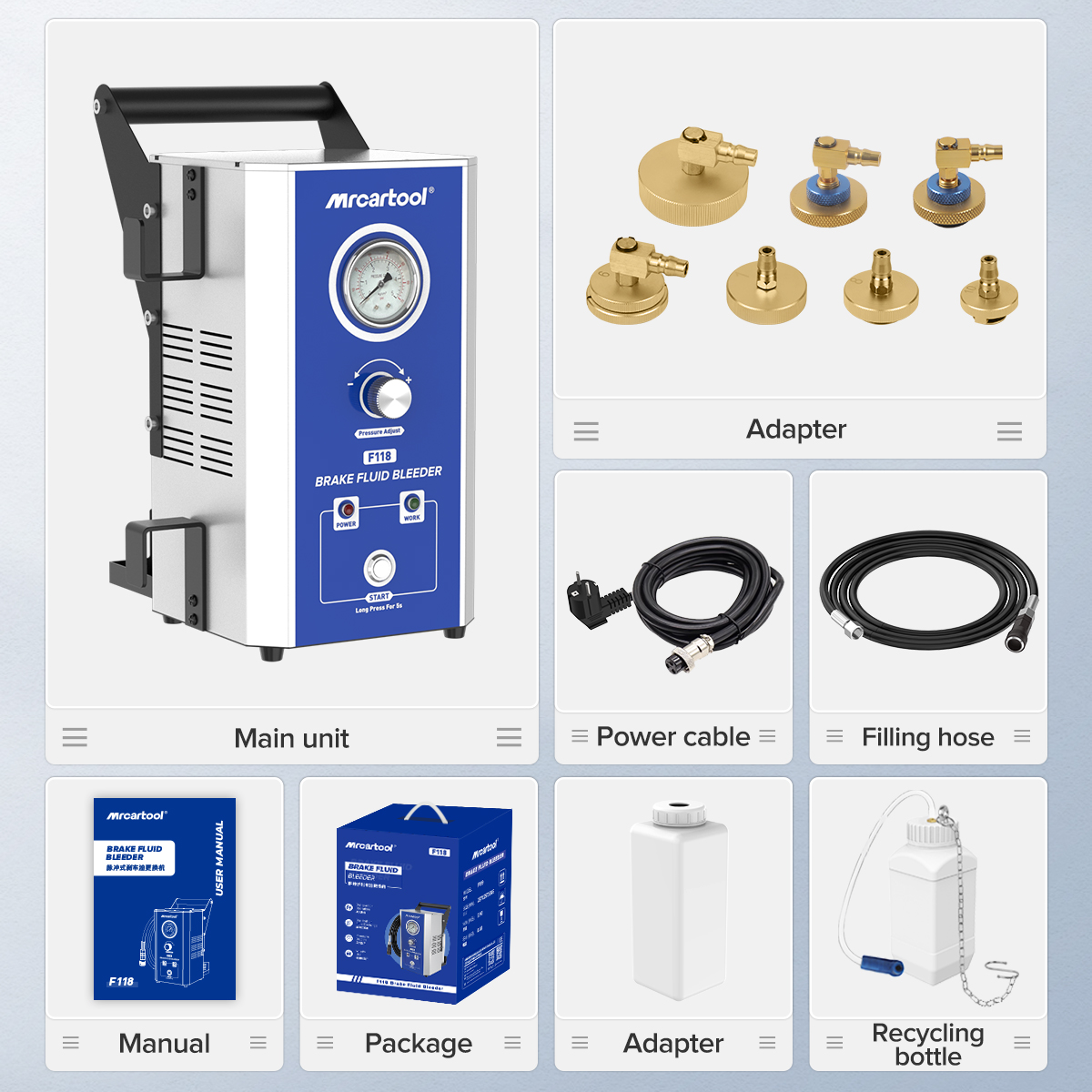 Official F118 package image showing the main unit, seven brass reservoir adapters, power cable, filling hose, bottles and manual.