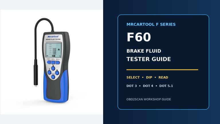 MRCARTOOL F60 brake fluid tester beside a large illustrated test-guide title.