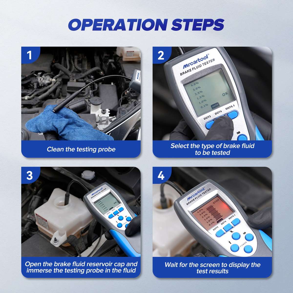 Official MRCARTOOL F60 four-step chart showing probe cleaning, fluid selection, reservoir access and stabilized display reading.