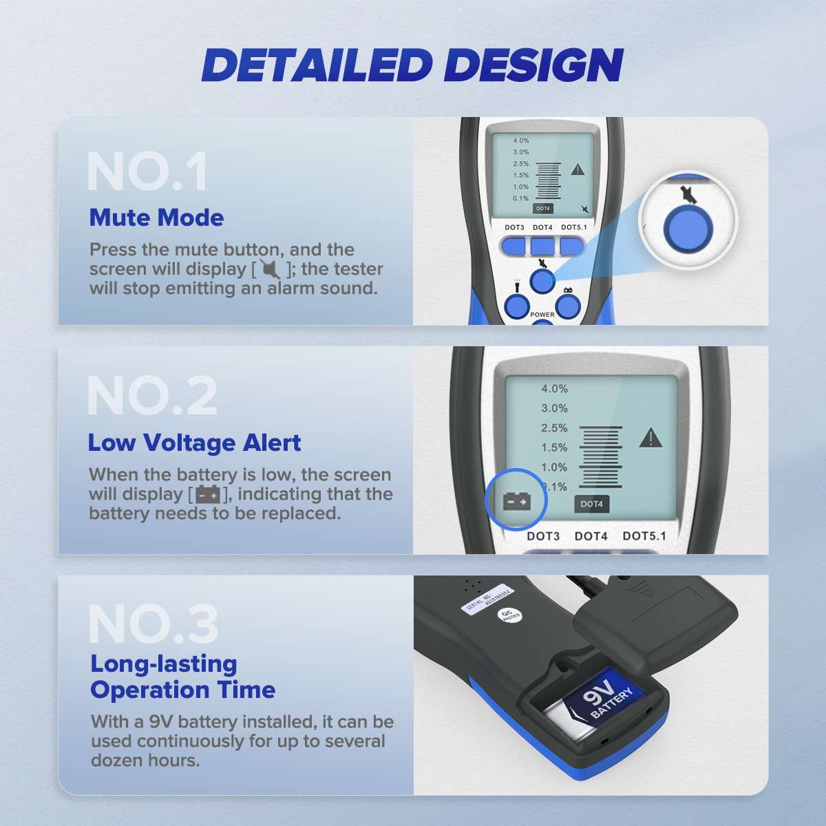Official F60 detail graphic showing the mute function, low-voltage warning and long-lasting 9 V battery compartment.
