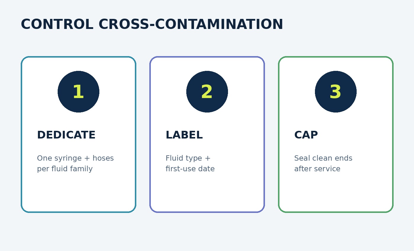 Workflow diagram showing how to dedicate, label and cap a syringe-and-hose set to reduce cross-contamination.