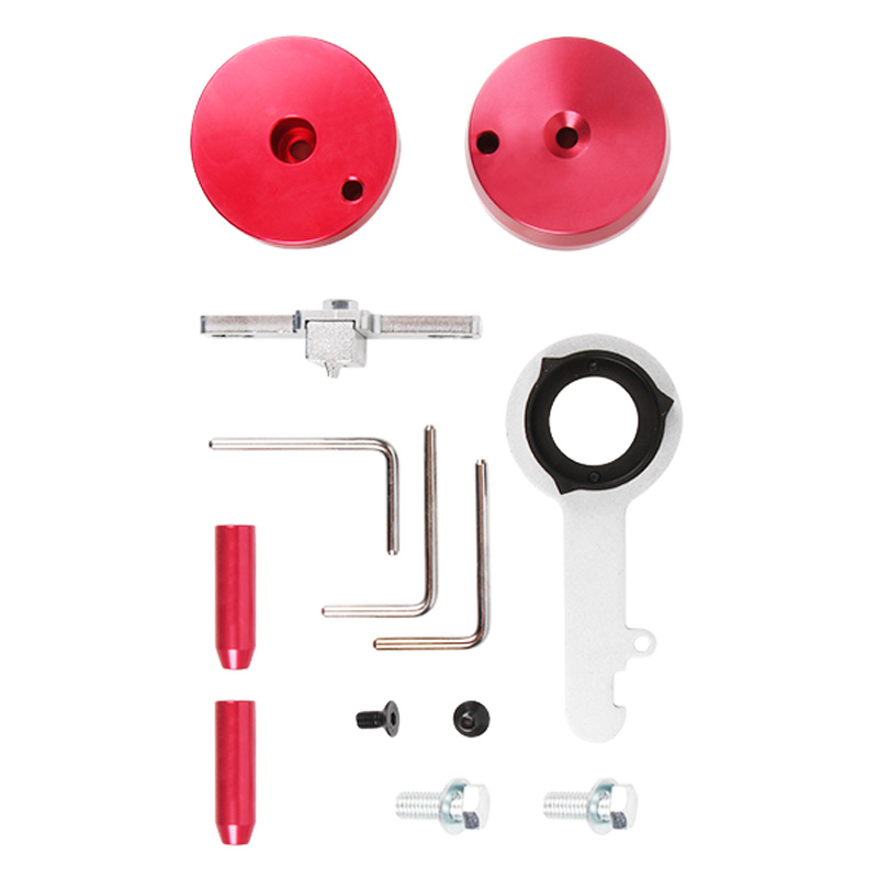 Second official angle of the Ford timing tool kit, showing the relative shapes and storage positions of its fixtures.