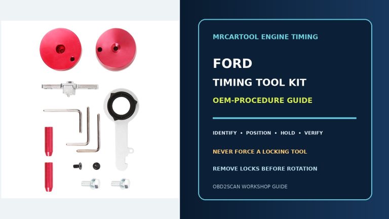 Official kit beside a large Ford timing tool kit OEM-procedure guide title.