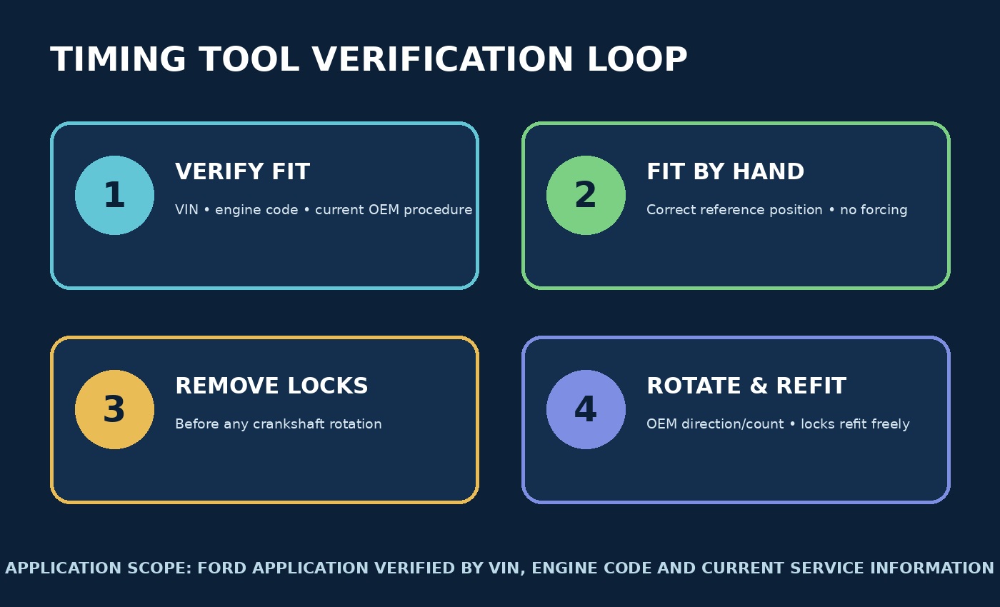 Verification diagram for matching the engine, fitting locks without force, removing them before rotation and refitting after the hand-rotation check.
