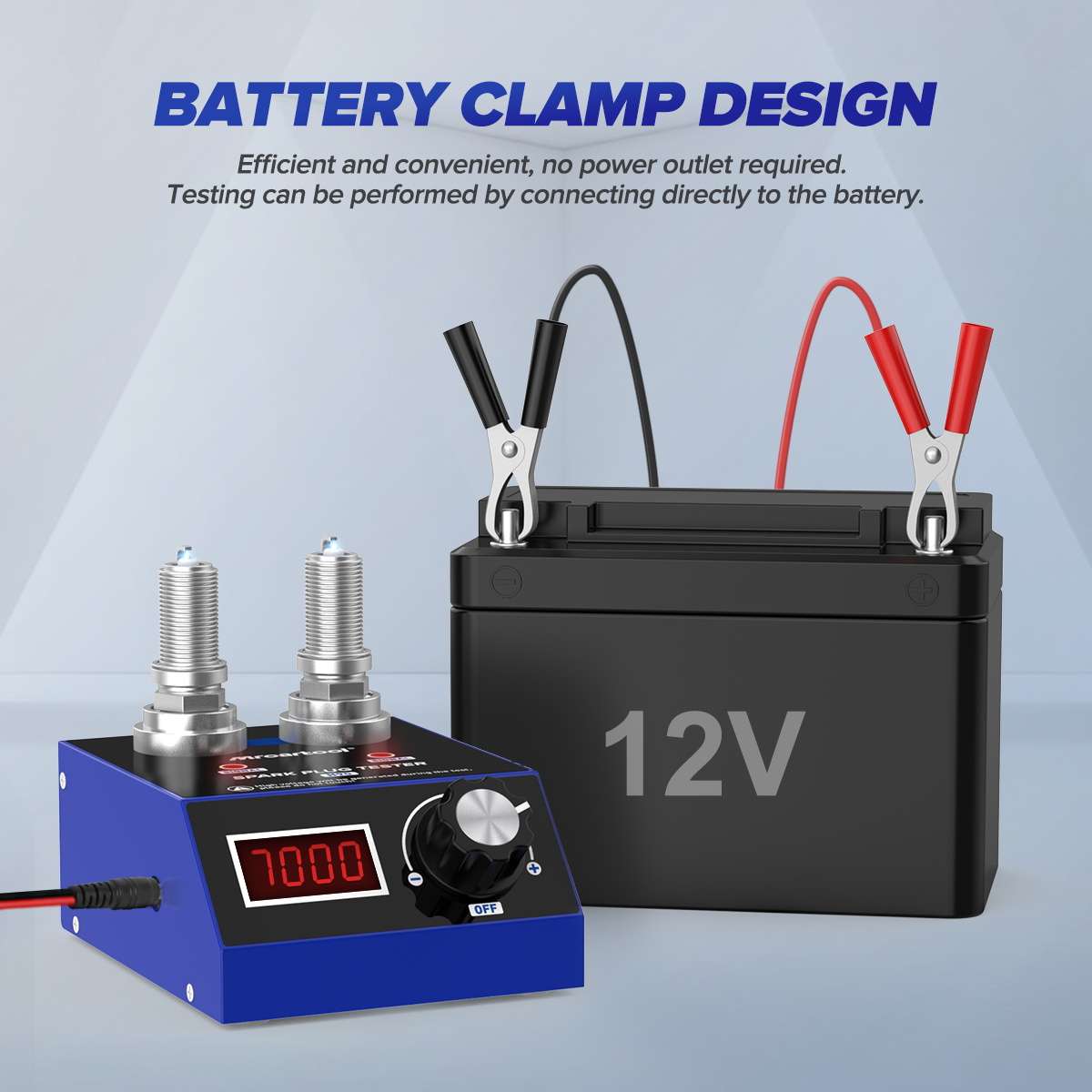 Official H90 product graphic showing the supplied battery-clamp lead connected directly to a 12 V battery.
