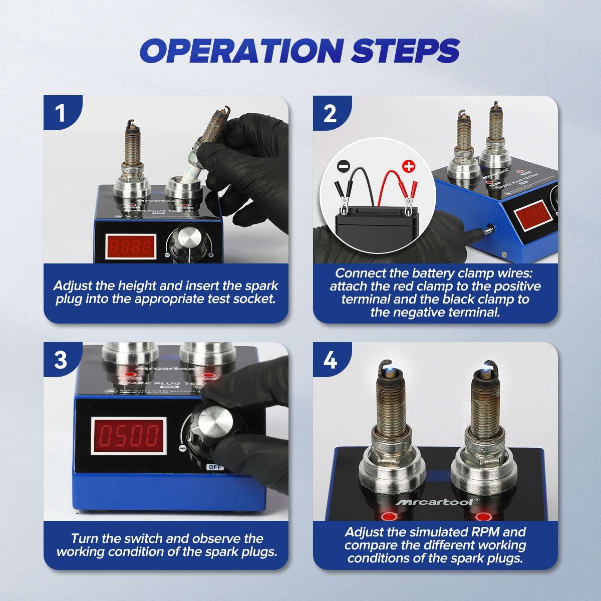Official H90 four-step operating graphic showing height adjustment, polarity-correct battery connection, observation and simulated-rpm comparison.