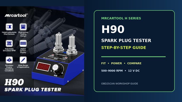 MRCARTOOL H90 spark plug tester beside a large step-by-step guide title.
