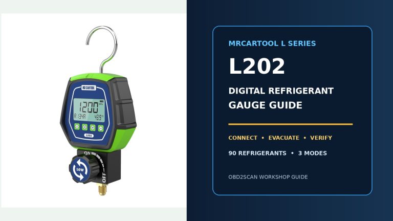 MRCARTOOL L202 digital refrigerant gauge with illustrated operating-guide title.